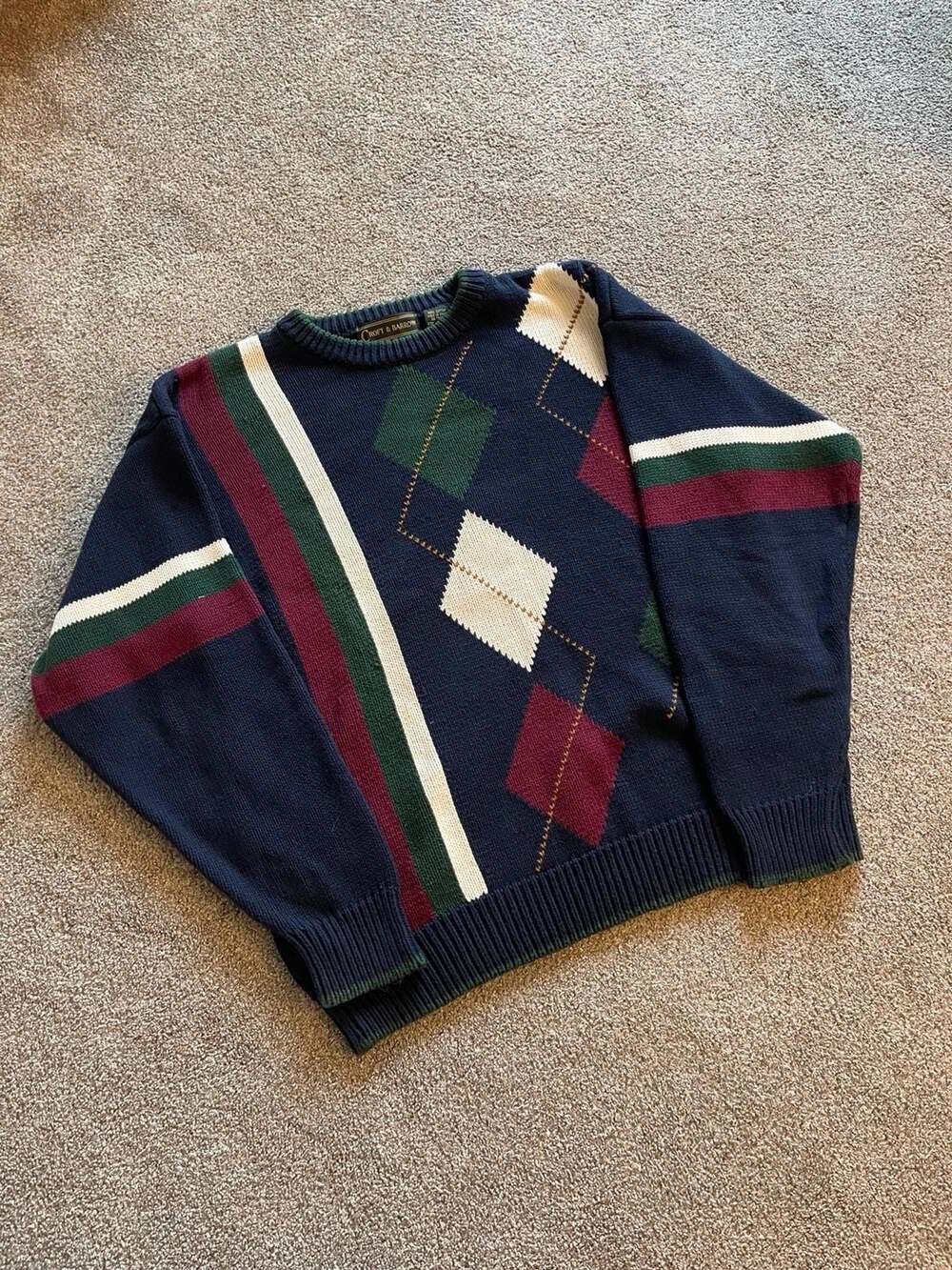 VTG 90s Croft & Barrow Sweater Size M Navy Argyle Cotton Pullover Golf Grandpa